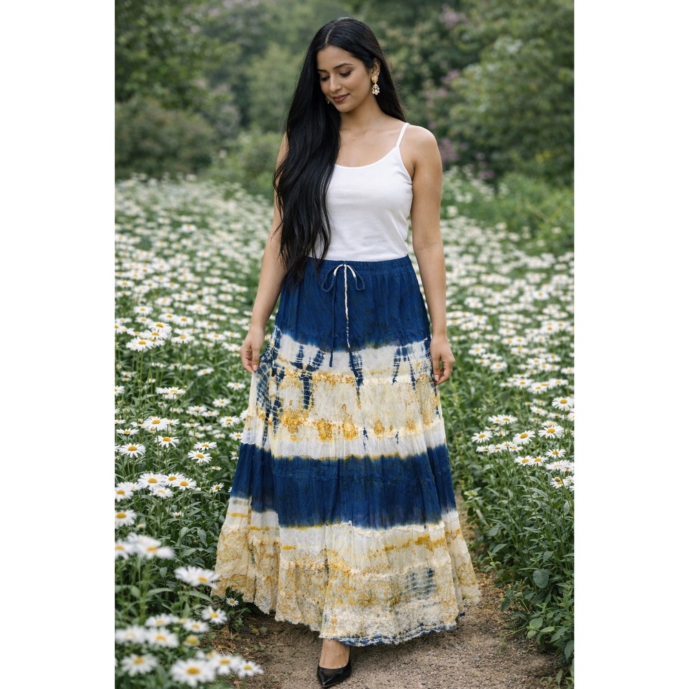 Metrowear Blue Tie Dye Cotton Crinkle Maxi‎ Skirt Boho Tiered Drawstring Sm NWT